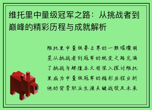 维托里中量级冠军之路：从挑战者到巅峰的精彩历程与成就解析