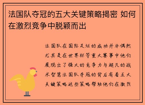 法国队夺冠的五大关键策略揭密 如何在激烈竞争中脱颖而出